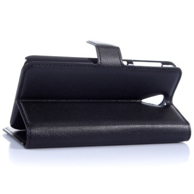 HTC Desire 620 atvēramais melns ādas Litchi maciņš - maks / Vacins.lv