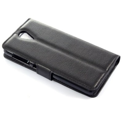 HTC Desire 620 atvēramais melns ādas Litchi maciņš - maks / Vacins.lv