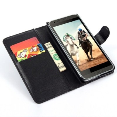 HTC Desire 620 atvēramais melns ādas Litchi maciņš - maks / Vacins.lv