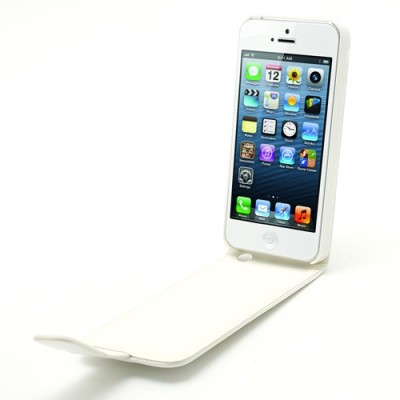 Apple iPhone 5, 5S klasisks ādas vertikāli atvēramais balts futrālis / Vacins.lv