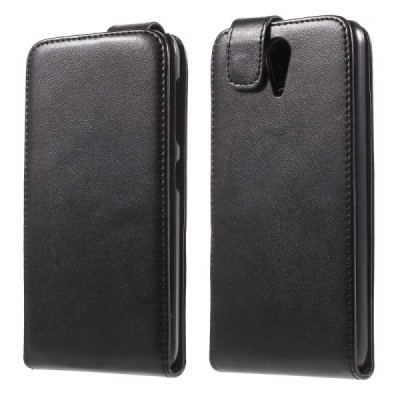 HTC Desire 620 klasisks ādas vertikāli atvēramais melns maciņš / Vacins.lv