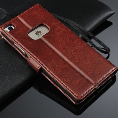 Huawei P8 (Ascend) atverčiamas rudas odinis dėklas - piniginė / Priedai.lt