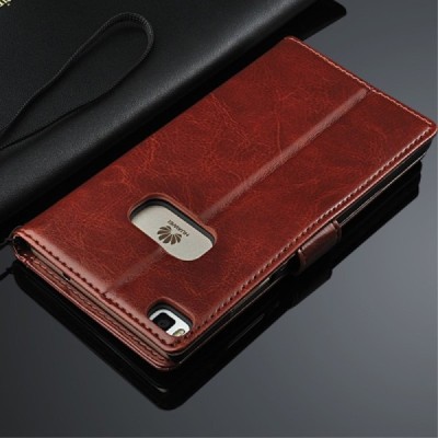 Huawei P8 (Ascend) atverčiamas rudas odinis dėklas - piniginė / Priedai.lt