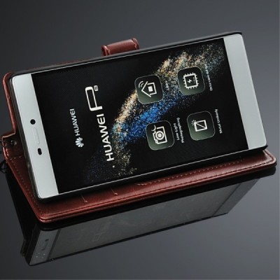 Huawei P8 (Ascend) atverčiamas rudas odinis dėklas - piniginė / Priedai.lt