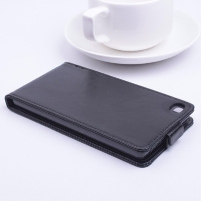 Huawei P8 (Ascend) klasikinis vertikaliai atverčiamas juodas odinis dėklas / Priedai.lt