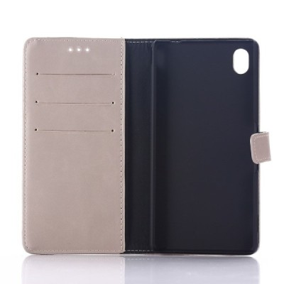 Sony Xperia M4 Aqua atvēramais ādas pelēks (smilšains) retro maciņš (maks) / Vacins.lv