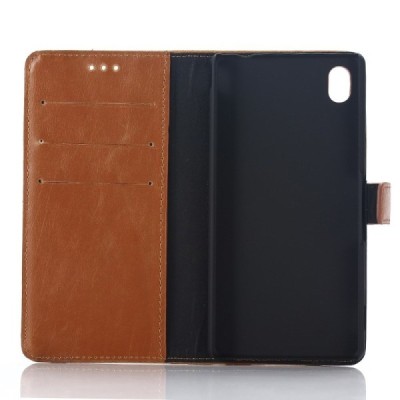 Sony Xperia M4 Aqua atverčiamas šviesiai rudas odinis retro dėklas - piniginė / Priedai.lt