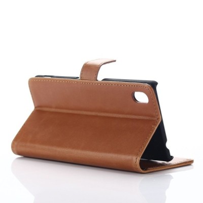 Sony Xperia M4 Aqua atverčiamas šviesiai rudas odinis retro dėklas - piniginė / Priedai.lt