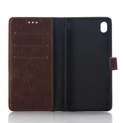 Sony Xperia M4 Aqua atvēramais ādas tumši brūns retro maciņš (maks) / Vacins.lv