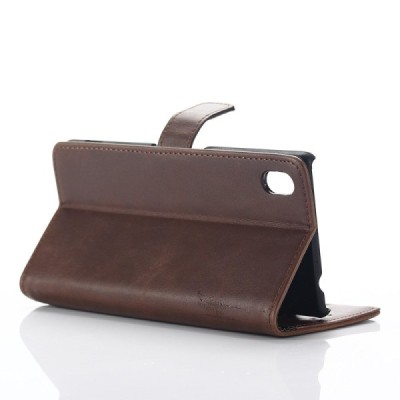 Sony Xperia M4 Aqua atvēramais ādas tumši brūns retro maciņš (maks) / Vacins.lv