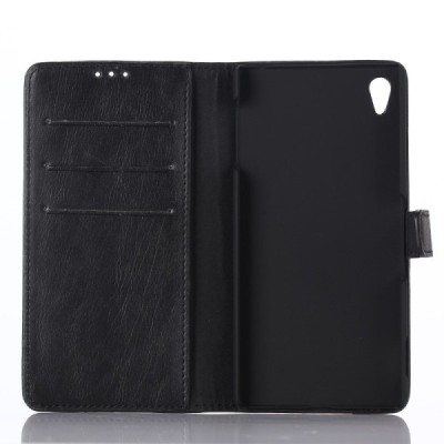 Sony Xperia Z3+ (Pluss) atvēramais ādas melns retro maciņš (maks) / Vacins.lv