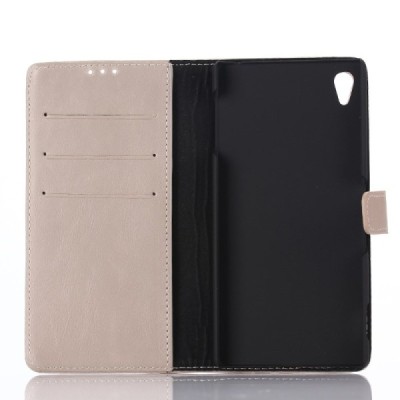 Sony Xperia Z3+ Plius atverčiamas smėlio spalvos odinis retro dėklas - piniginė / Priedai.lt