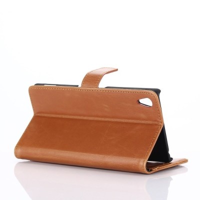 Sony Xperia Z3+ Plius atverčiamas šviesiai rudas odinis retro dėklas - piniginė / Priedai.lt