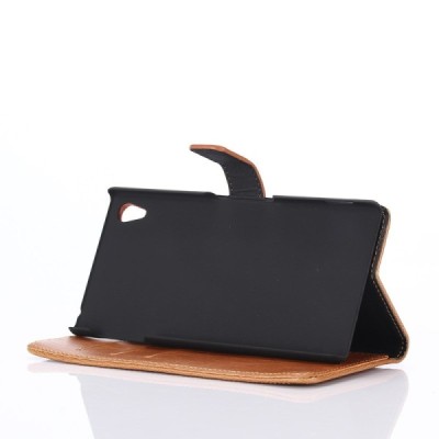 Sony Xperia Z3+ Plius atverčiamas šviesiai rudas odinis retro dėklas - piniginė / Priedai.lt