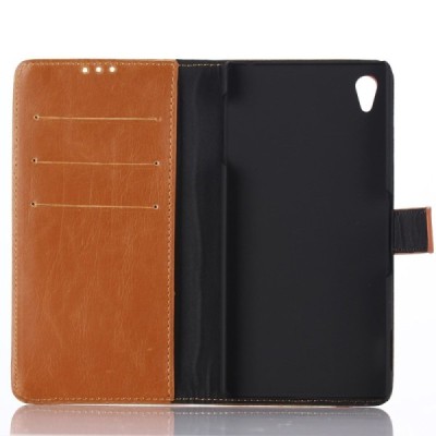 Sony Xperia Z3+ Plius atverčiamas šviesiai rudas odinis retro dėklas - piniginė / Priedai.lt