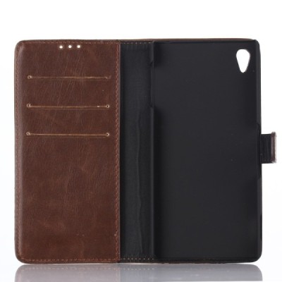 Sony Xperia Z3+ (Pluss) atvēramais ādas tumši brūns retro maciņš (maks) / Vacins.lv