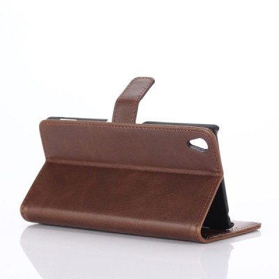 Sony Xperia Z3+ (Pluss) atvēramais ādas tumši brūns retro maciņš (maks) / Vacins.lv