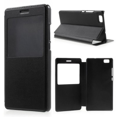 Huawei P8 Lite juodas odinis atverčiamas „Smart Window“ dėklas su langeliu / Priedai.lt