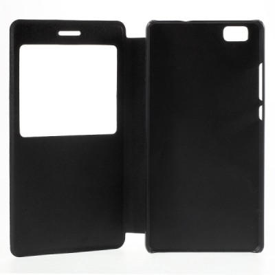 Huawei P8 Lite melns atvēramais Smart Window ādas maciņš / Vacins.lv