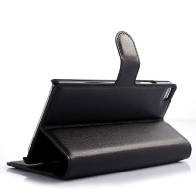 Huawei P8 Lite atverčiamas juodas odinis Litchi dėklas - piniginė / Priedai.lt