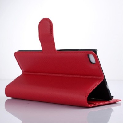 Huawei P8 Lite atverčiamas raudonas odinis Litchi dėklas - piniginė / Priedai.lt