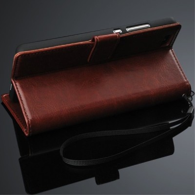 Huawei P8 Lite atverčiamas rudas odinis dėklas - piniginė / Priedai.lt