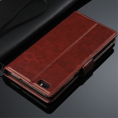 Huawei P8 Lite atverčiamas rudas odinis dėklas - piniginė / Priedai.lt