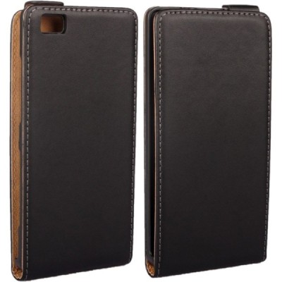 Huawei P8 Lite klasikinis vertikaliai atverčiamas juodas odinis dėklas / Priedai.lt
