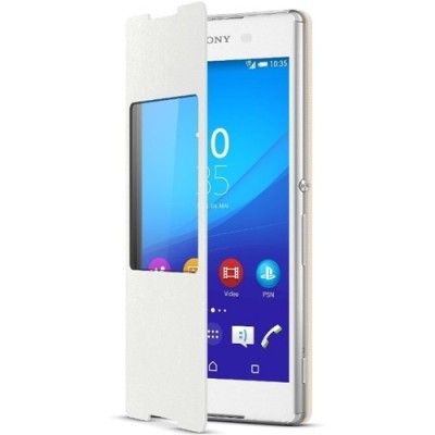 Oficialius Sony Xperia Z3+ Plus Style Cover Window baltas atverčiamas dėklas SCR30 / Priedai.lt