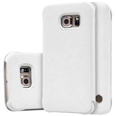 Prabangus „Nillkin“ Qin serijos baltas odinis atverčiamas Samsung Galaxy S6 Edge (G925) dėklas / Priedai.lt