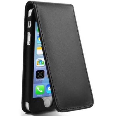 Vertikaliai atverčiamas juodas odinis Apple iPhone SE (5, 5s) dėklas (dėkliukas) / Priedai.lt