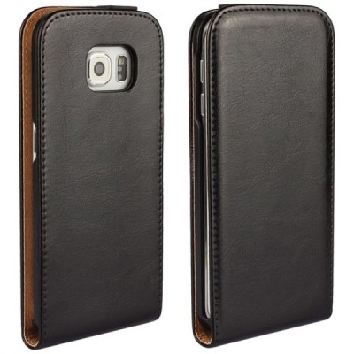 Samsung Galaxy S6 Edge (G925) klasisks ādas vertikāli atvēramais melns maciņš / Vacins.lv