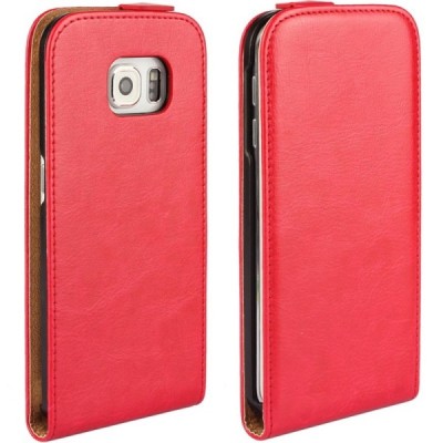 Samsung Galaxy S6 Edge (G925) klasikinis vertikaliai atverčiamas raudonas odinis dėklas / Priedai.lt