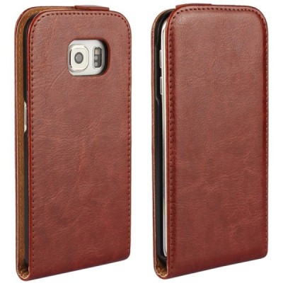 Samsung Galaxy S6 Edge (G925) klasisks ādas vertikāli atvēramais brūns maciņš / Vacins.lv