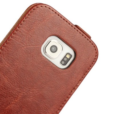Samsung Galaxy S6 Edge (G925) klasikinis vertikaliai atverčiamas rudas odinis dėklas / Priedai.lt