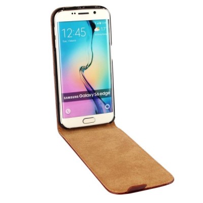 Samsung Galaxy S6 Edge (G925) klasikinis vertikaliai atverčiamas rudas odinis dėklas / Priedai.lt