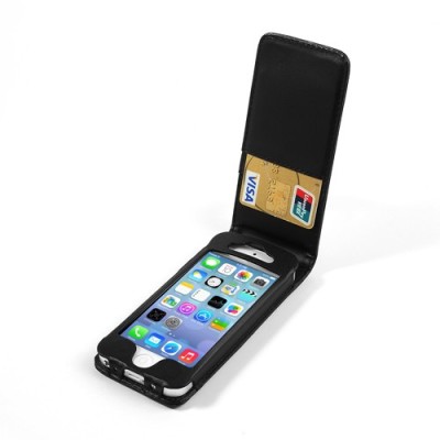 Vertikaliai atverčiamas juodas odinis Apple iPhone SE (5, 5s) dėklas (dėkliukas) / Priedai.lt