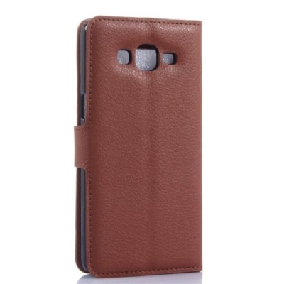 Samsung Galaxy Grand Prime (G530) atverčiamas rudas odinis Litchi dėklas - piniginė / Priedai.lt