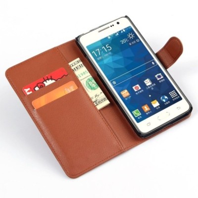 Samsung Galaxy Grand Prime (G530) atverčiamas rudas odinis Litchi dėklas - piniginė / Priedai.lt