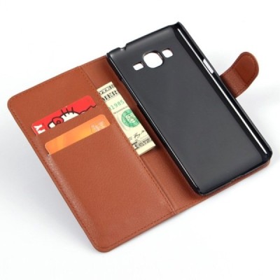 Samsung Galaxy Grand Prime (G530) atverčiamas rudas odinis Litchi dėklas - piniginė / Priedai.lt