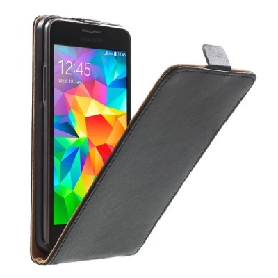 Samsung Galaxy Grand Prime (G530) klasikinis vertikaliai atverčiamas juodas odinis dėklas / Priedai.lt