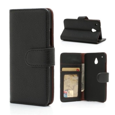 HTC One mini M4 atverčiamas juodas odinis Litchi dėklas - piniginė / Priedai.lt