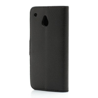HTC One mini M4 atverčiamas juodas odinis Litchi dėklas - piniginė / Priedai.lt