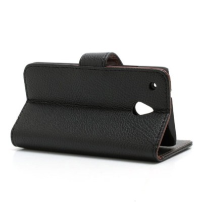 HTC One mini M4 atverčiamas juodas odinis Litchi dėklas - piniginė / Priedai.lt