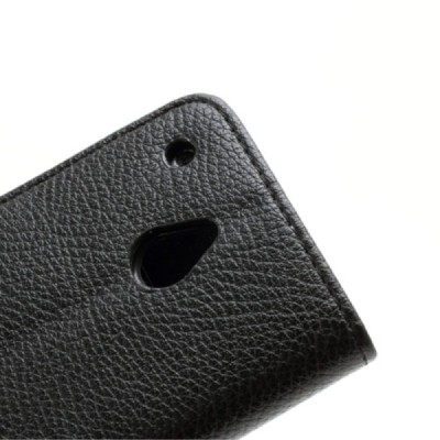 HTC One mini M4 atverčiamas juodas odinis Litchi dėklas - piniginė / Priedai.lt