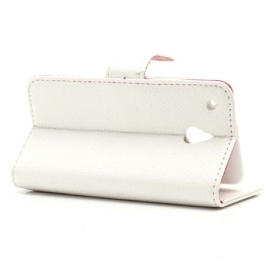 HTC One mini M4 atverčiamas baltas odinis Litchi dėklas - piniginė / Priedai.lt