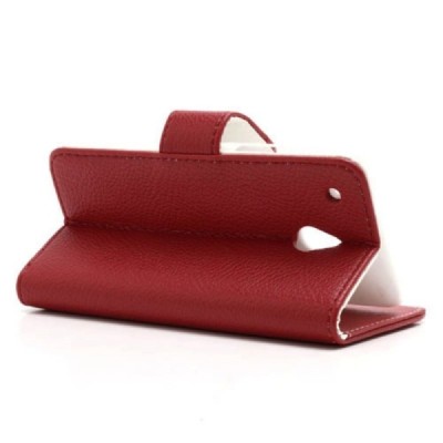 HTC One mini M4 atverčiamas raudonas odinis Litchi dėklas - piniginė / Priedai.lt