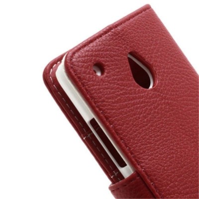 HTC One mini M4 atverčiamas raudonas odinis Litchi dėklas - piniginė / Priedai.lt