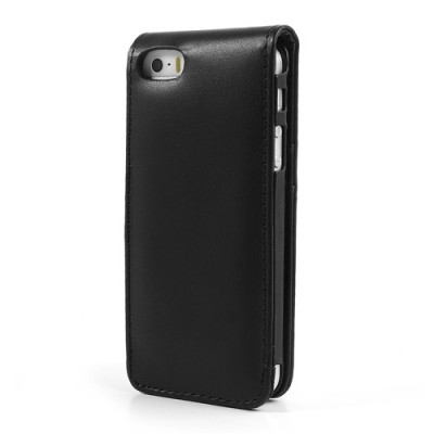 Vertikaliai atverčiamas juodas odinis Apple iPhone SE (5, 5s) dėklas (dėkliukas) / Priedai.lt