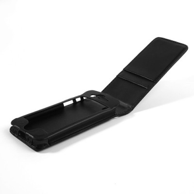 Vertikaliai atverčiamas juodas odinis Apple iPhone SE (5, 5s) dėklas (dėkliukas) / Priedai.lt